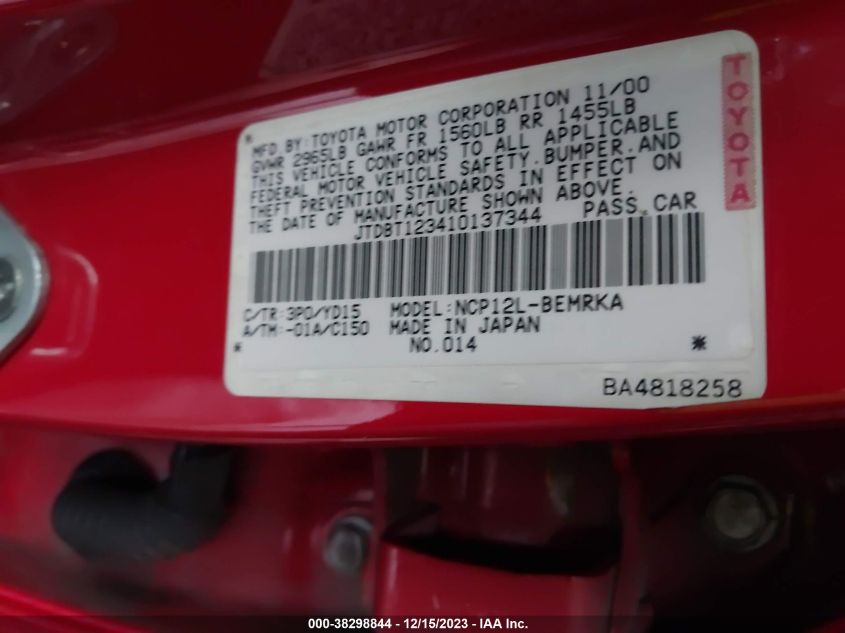 2001 Toyota Echo Base (M5) VIN: JTDBT123410137344 Lot: 38298844