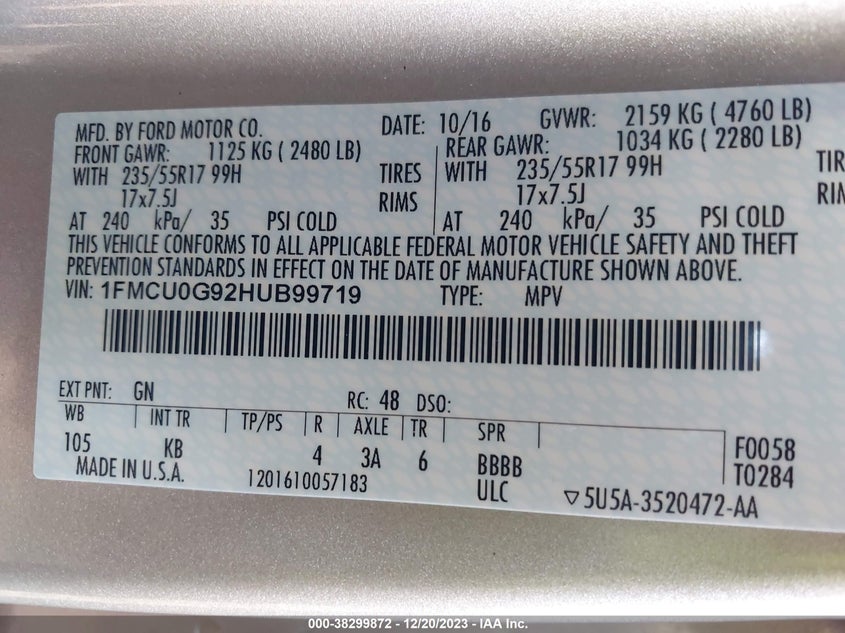 1FMCU0G92HUB99719 2017 Ford Escape Se
