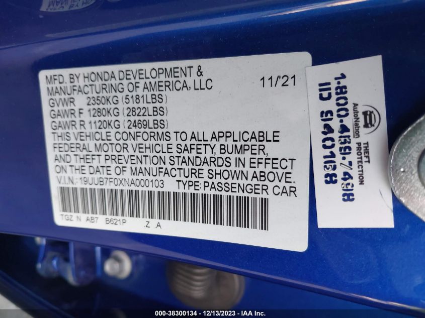 2022 Acura Tlx Type S VIN: 19UUB7F0XNA000103 Lot: 38300134