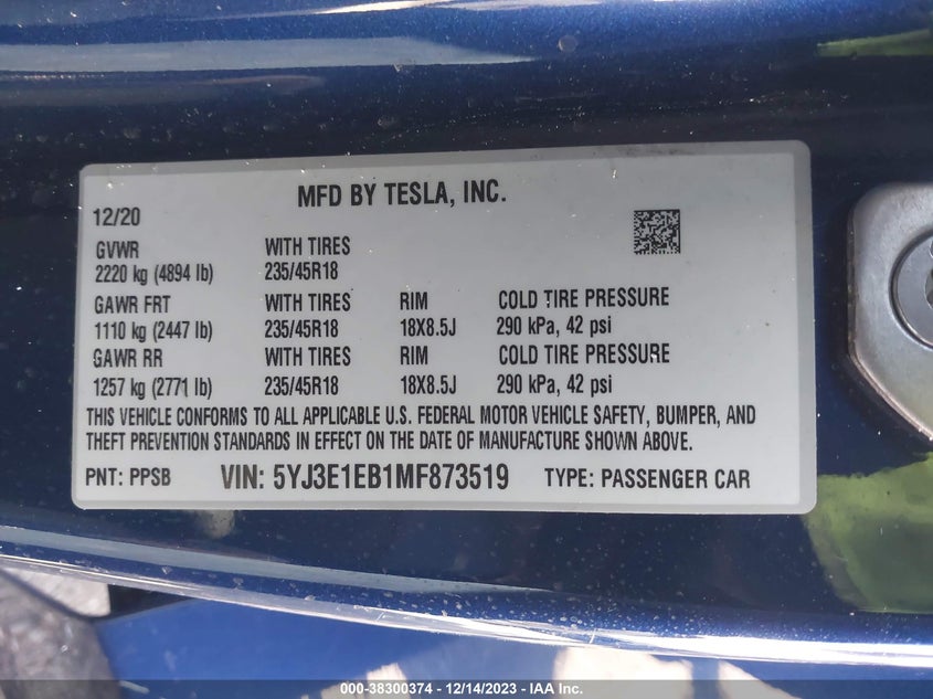 5YJ3E1EB1MF873519 2021 TESLA MODEL 3 photo no. 9