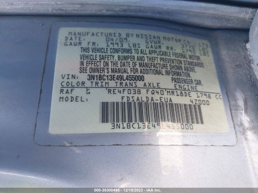 3N1BC13E49L455000 2009 Nissan Versa 1.8S