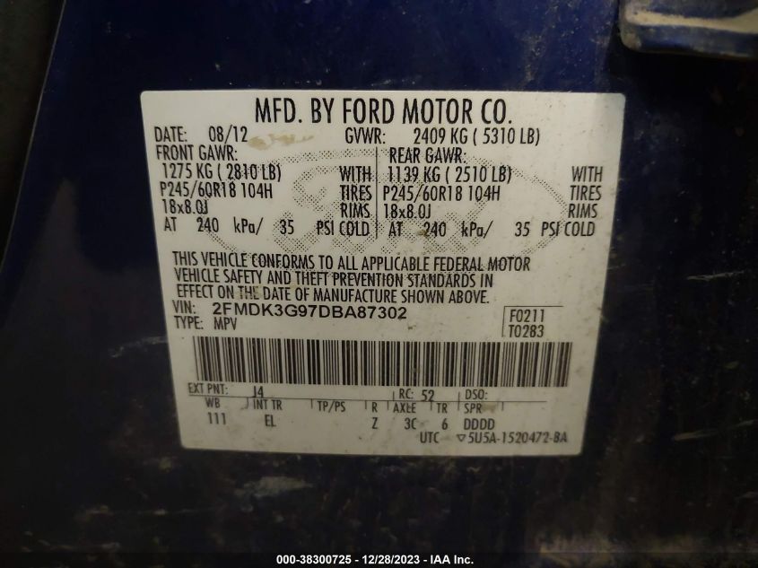 2013 Ford Edge Se VIN: 2FMDK3G97DBA87302 Lot: 38300725