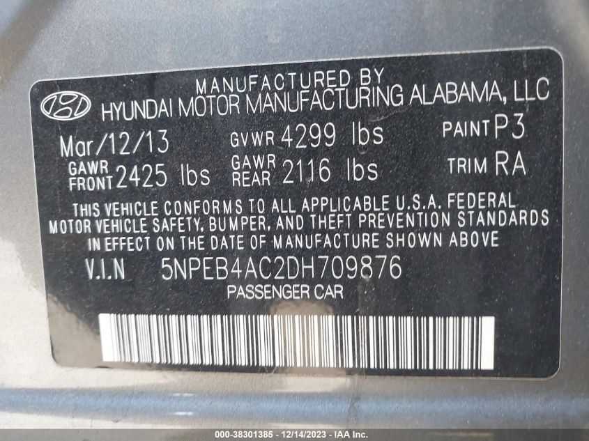 5NPEB4AC2DH709876 2013 Hyundai Sonata Gls