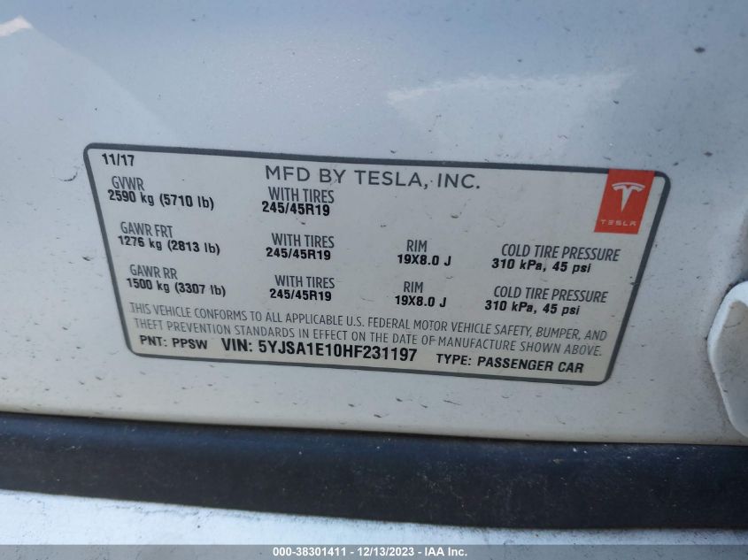 5YJSA1E10HF231197 2017 Tesla Model S 60/75