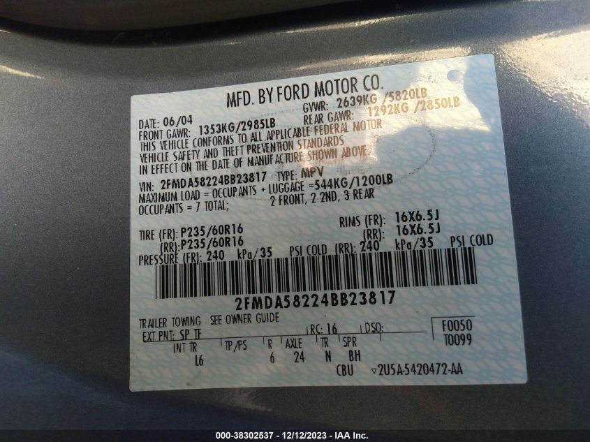 2004 Ford Freestar Limited VIN: 2FMDA58224BB23817 Lot: 38302537