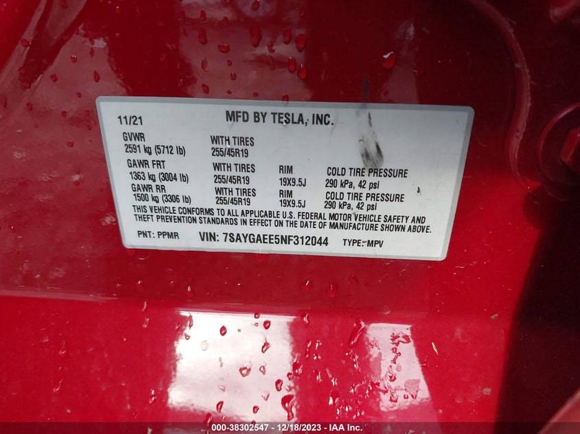 2022 TESLA MODEL Y VIN: 7SAYGAEE5NF312044