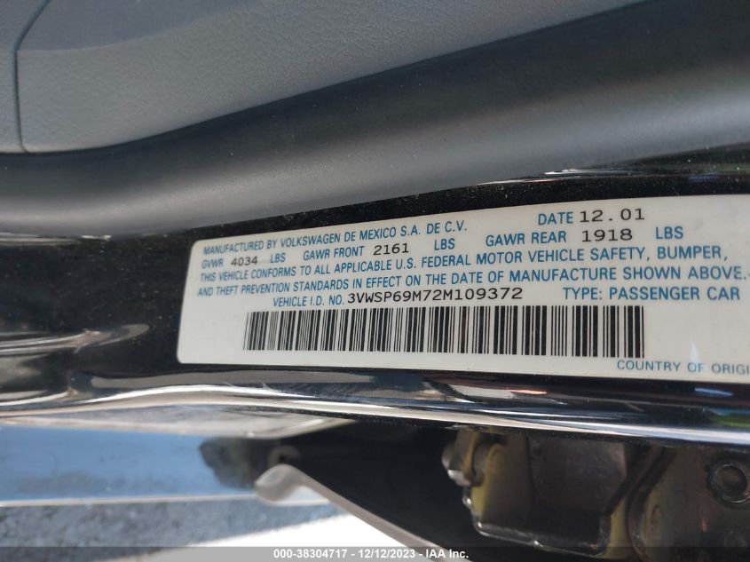 2002 Volkswagen Jetta Gls VIN: 3VWSP69M72M109372 Lot: 38304717