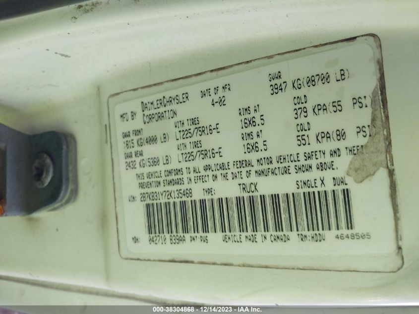 2002 Dodge Ram Van Conversion VIN: 2B7KB31Y72K135468 Lot: 38304868