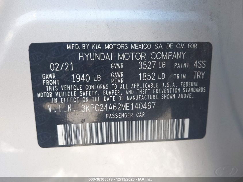 2021 Hyundai Accent Se VIN: 3KPC24A62ME140467 Lot: 38305379