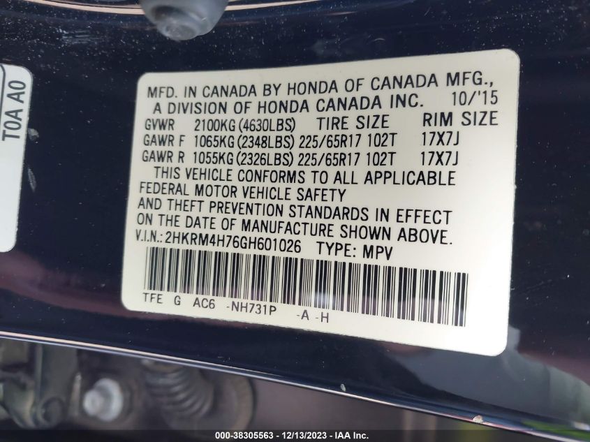 2HKRM4H76GH601026 2016 Honda Cr-V Ex-L