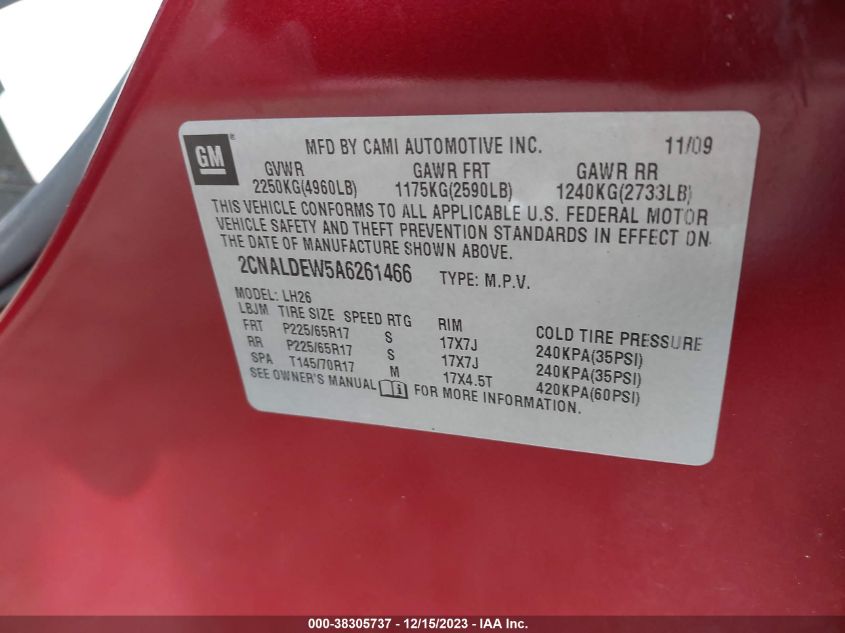 2010 Chevrolet Equinox Lt VIN: 2CNALDEW5A6261466 Lot: 38305737