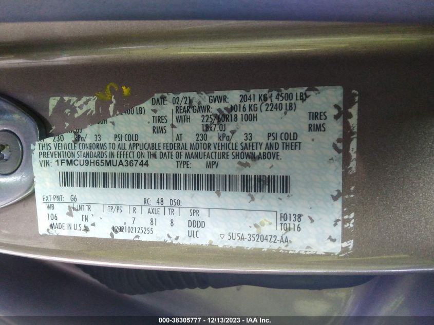 1FMCU9H65MUA36744 2021 Ford Escape Sel