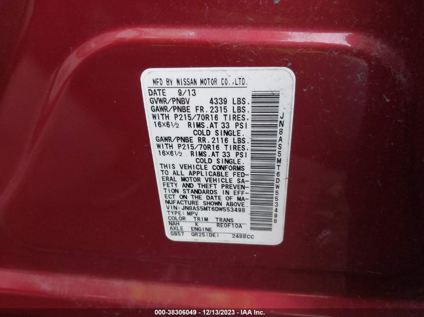 JN8AS5MT6DW553498 2013 Nissan Rogue S