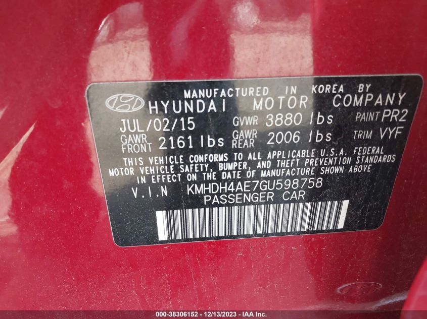 2016 Hyundai Elantra Se VIN: KMHDH4AE7GU598758 Lot: 38306152