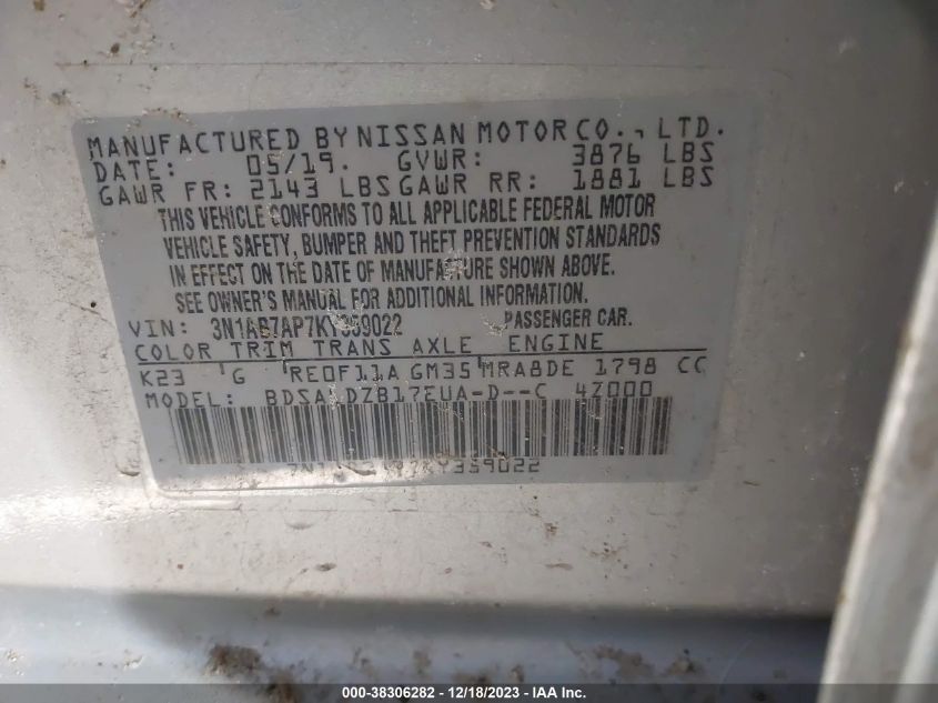 3N1AB7AP7KY359022 2019 Nissan Sentra Sv