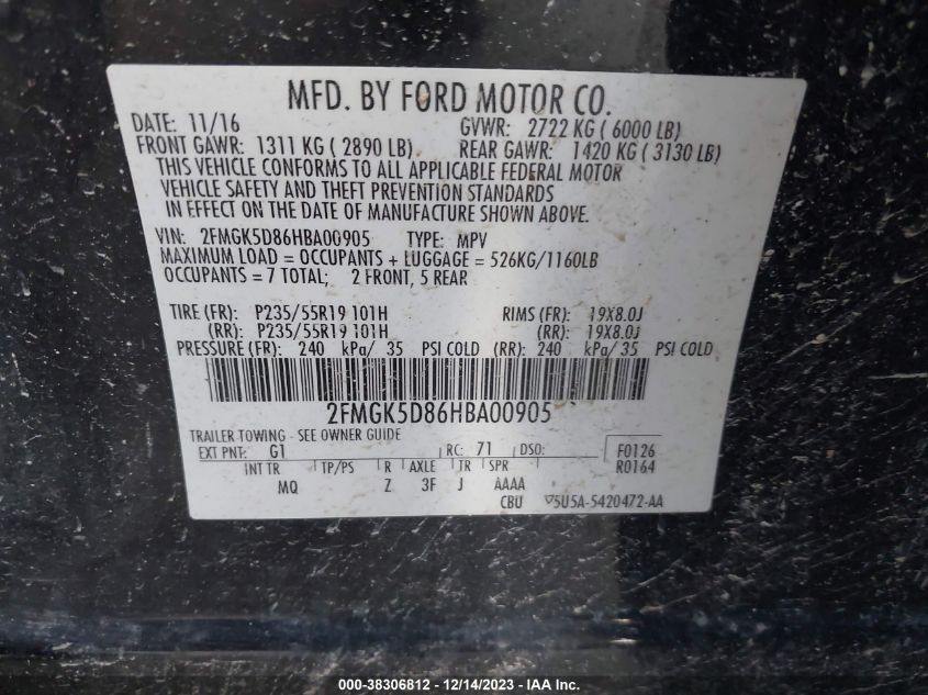 2FMGK5D86HBA00905 2017 Ford Flex Limited