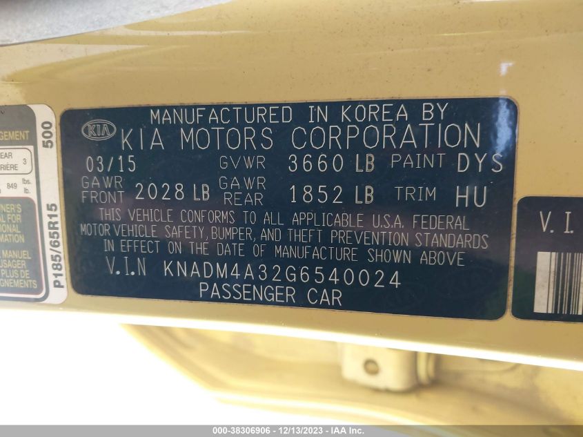 KNADM4A32G6540024 2016 Kia Rio Lx