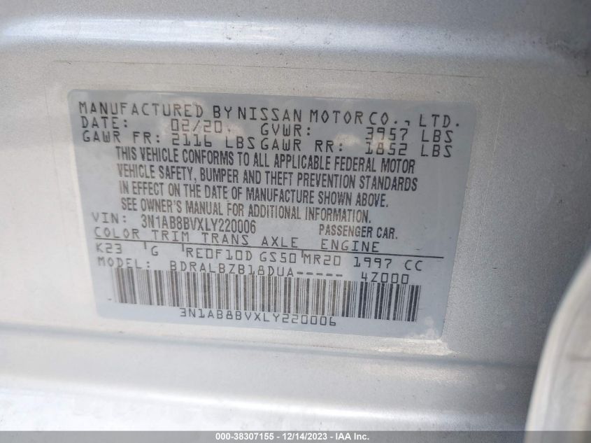 3N1AB8BVXLY220006 2020 Nissan Sentra S Xtronic Cvt