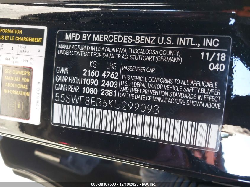 2019 Mercedes-Benz C 300 4Matic VIN: 55SWF8EB6KU299093 Lot: 38307500