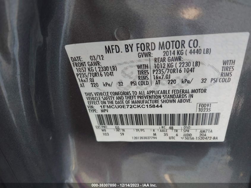 1FMCU0E72CKC15844 2012 Ford Escape Limited