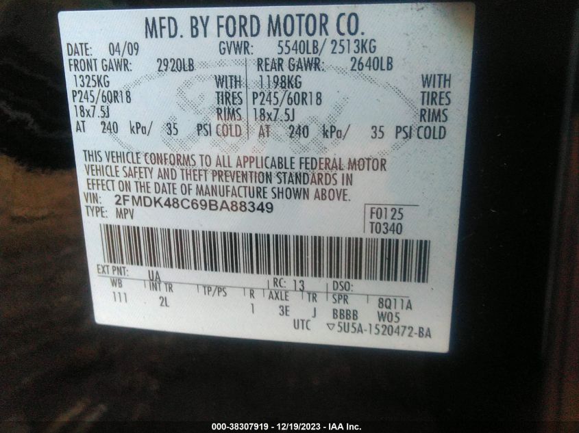 2009 Ford Edge Sel VIN: 2FMDK48C69BA88349 Lot: 38307919