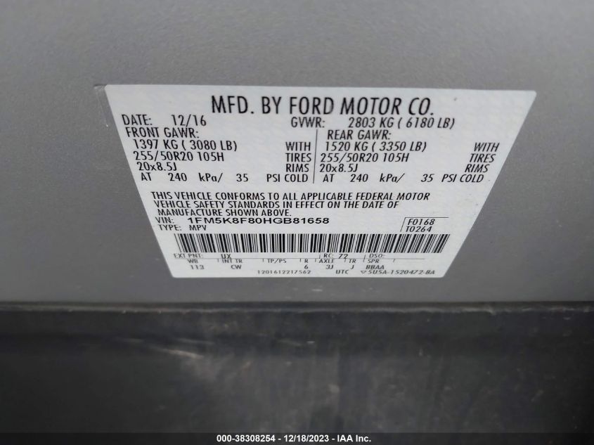 1FM5K8F80HGB81658 2017 Ford Explorer Limited