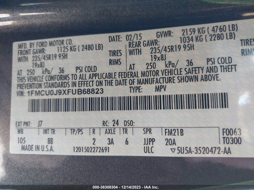 1FMCU0J9XFUB68823 2015 Ford Escape Titanium