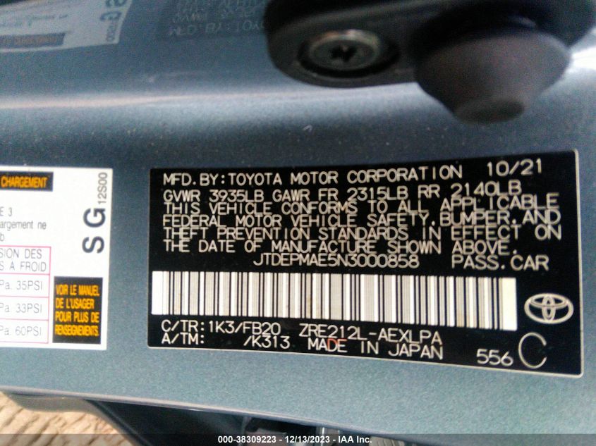 JTDEPMAE5N3000858 2022 Toyota Corolla Le