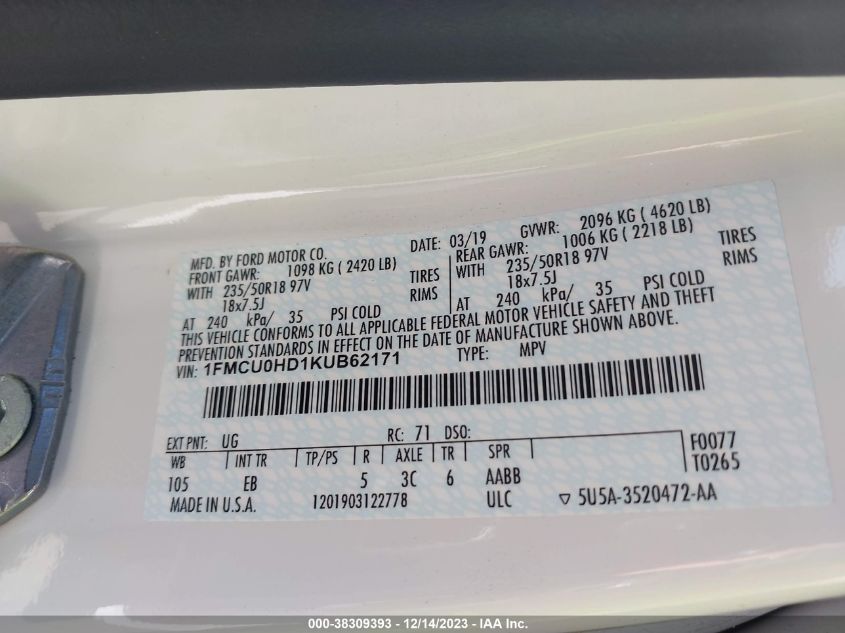 1FMCU0HD1KUB62171 2019 Ford Escape Sel