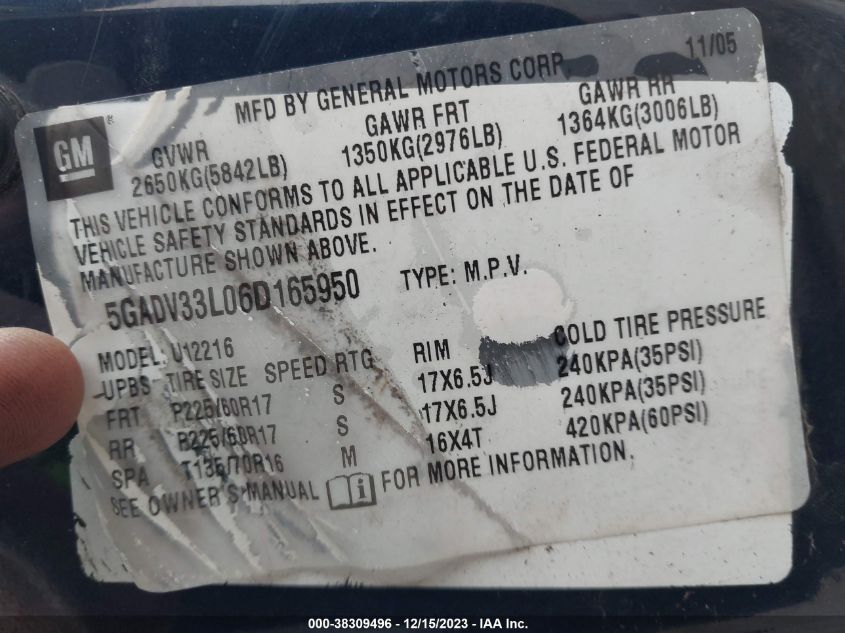 2006 Buick Terraza Cxl VIN: 5GADV33L06D165950 Lot: 38309496