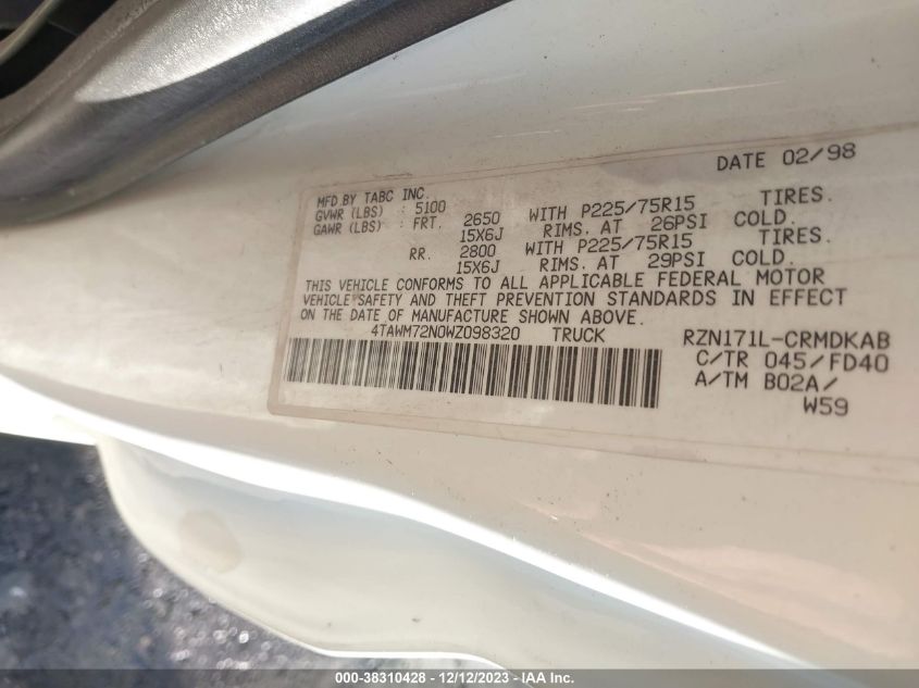 4TAWM72N0WZ098320 1998 Toyota Tacoma