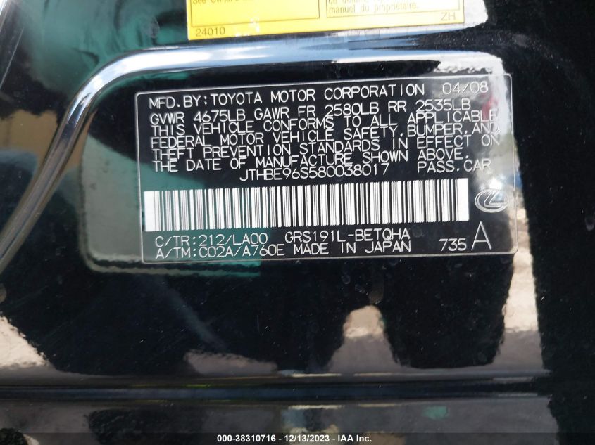 2008 Lexus Gs 350 VIN: JTHBE96S580038017 Lot: 38310716