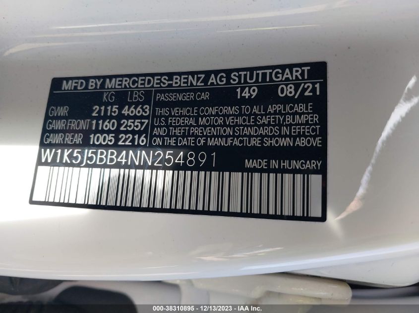 2022 Mercedes-Benz Amg Cla 35 4Matic VIN: W1K5J5BB4NN254891 Lot: 38310895