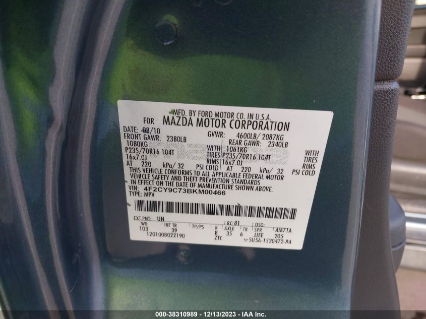 2011 Mazda Tribute I Touring VIN: 4F2CY9C73BKM00466 Lot: 38310989