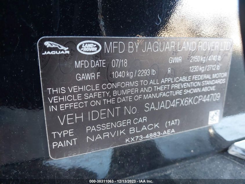 2019 Jaguar Xe 25T Premium VIN: SAJAD4FX6KCP44709 Lot: 38311063