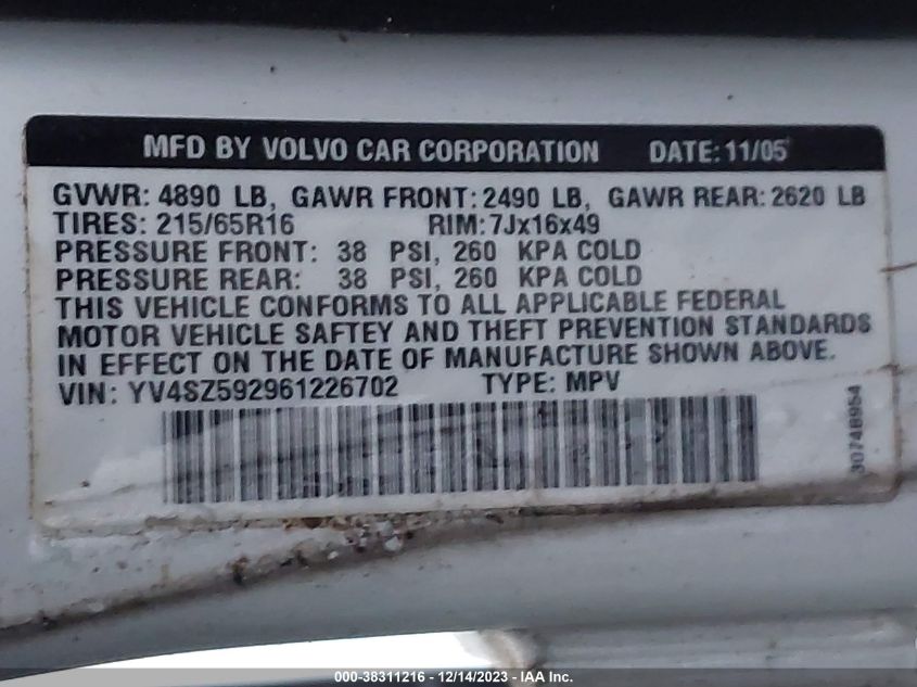 2006 Volvo Xc70 VIN: YV4SZ592961226702 Lot: 38311216