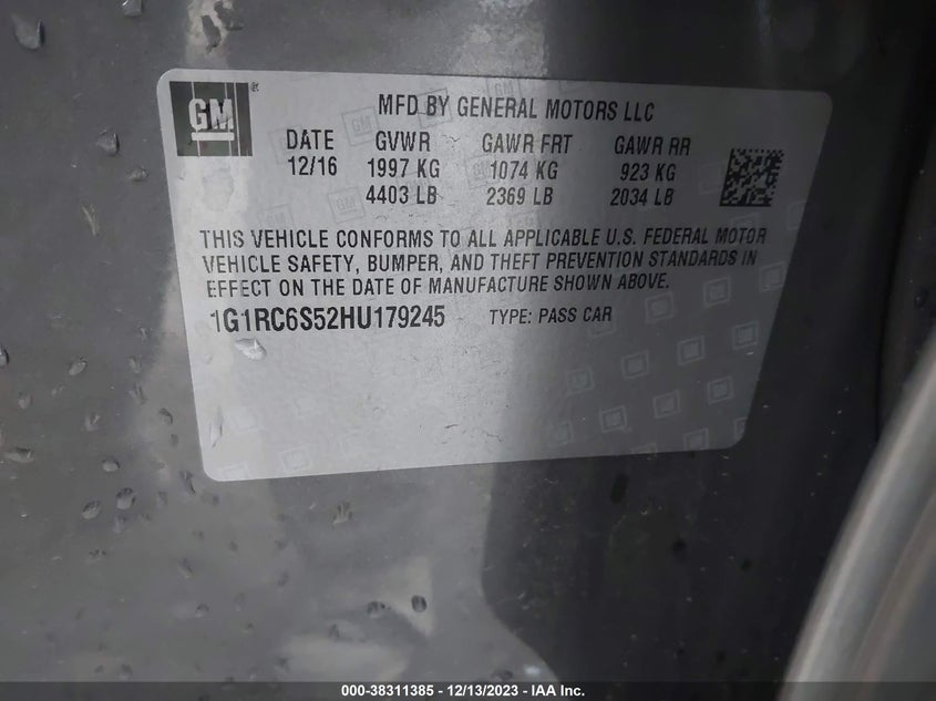 2017 CHEVROLET VOLT VIN: 1G1RC6S52HU179245