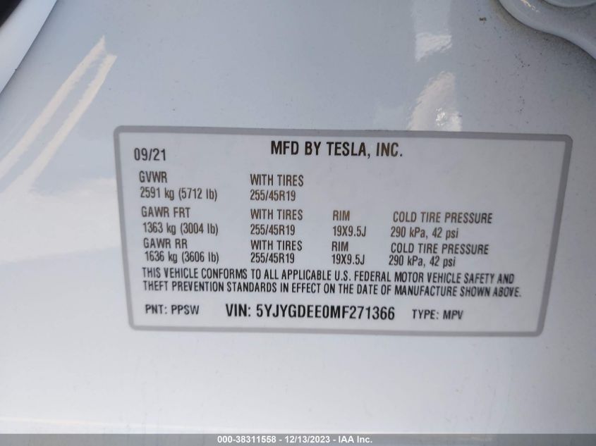 2021 Tesla Model Y Long Range Dual Motor All-Wheel Drive VIN: 5YJYGDEE0MF271366 Lot: 38311558