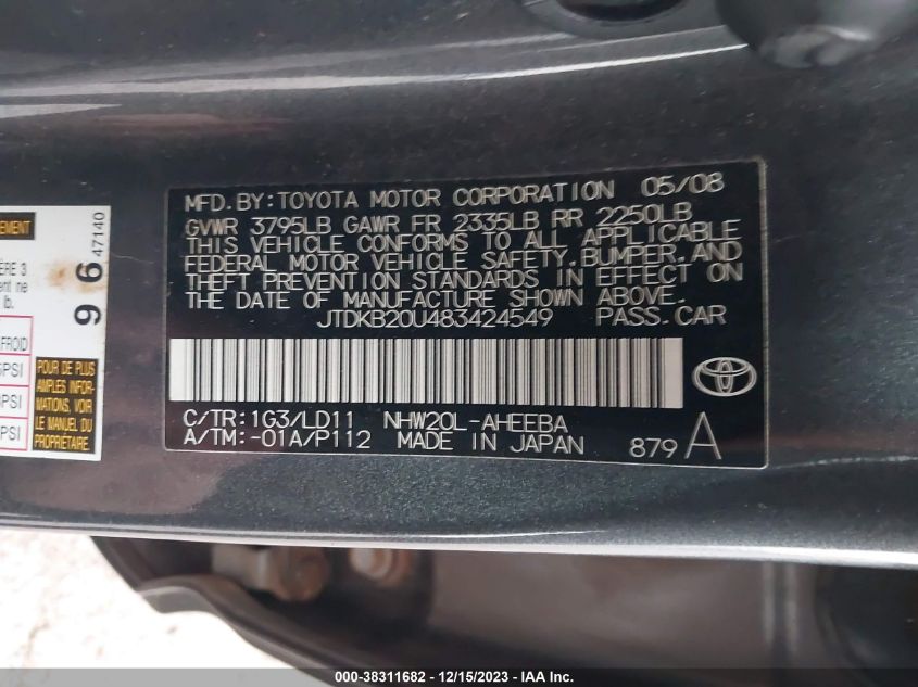 JTDKB20U483424549 2008 Toyota Prius Touring