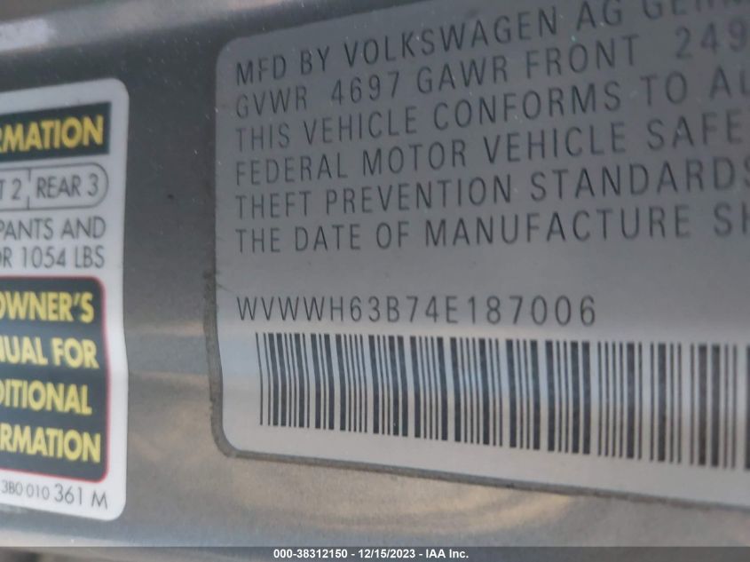 2004 Volkswagen Passat Glx VIN: WVWWH63B74E187006 Lot: 38312150