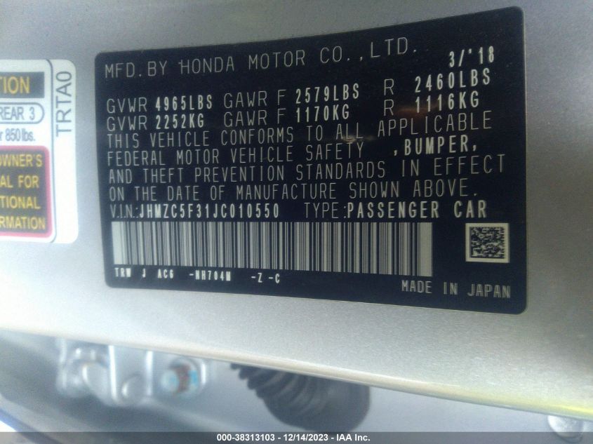 2018 Honda Clarity Plug-In Hybrid Touring VIN: JHMZC5F31JC010550 Lot: 38313103