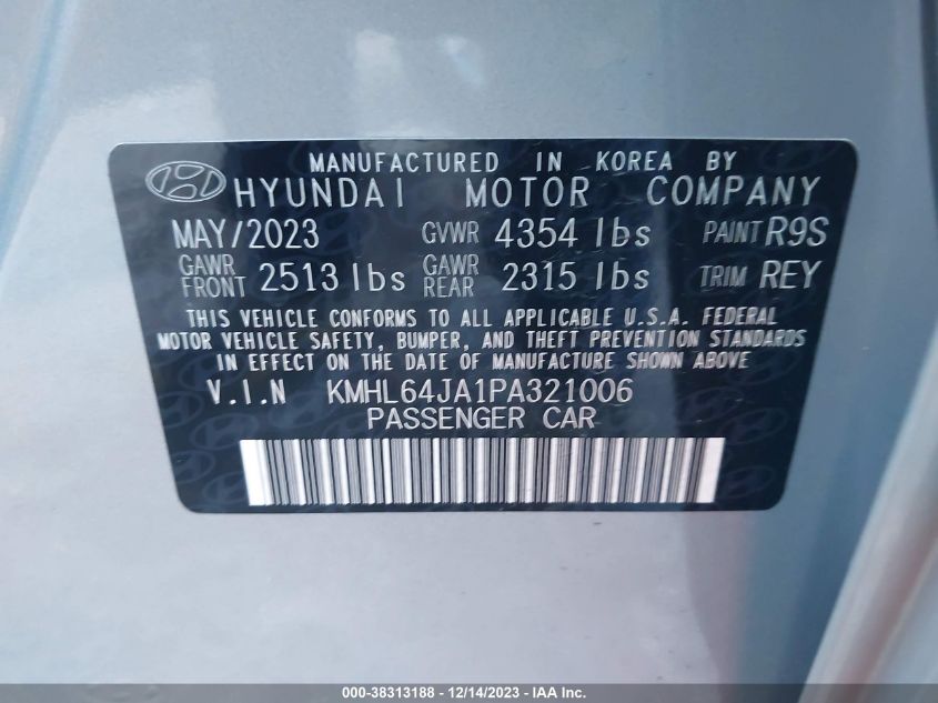 2023 Hyundai Sonata Sel VIN: KMHL64JA1PA321006 Lot: 38313188