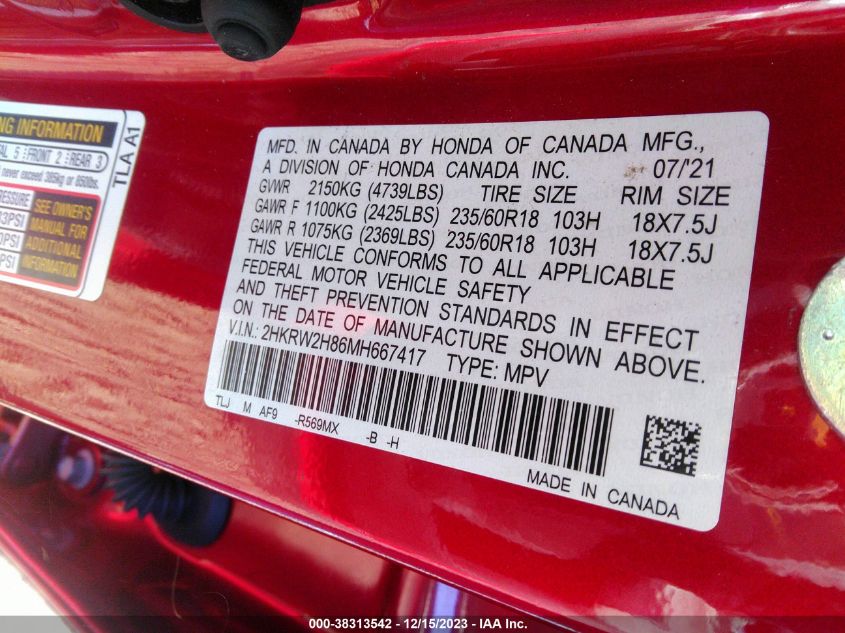 2021 Honda Cr-V Awd Ex-L VIN: 2HKRW2H86MH667417 Lot: 38313542