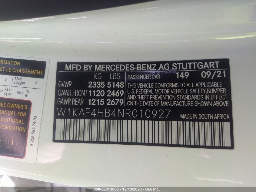 W1KAF4HB4NR010927 2022 Mercedes-Benz C 300 4Matic