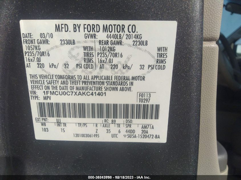 1FMCU0C7XAKC41401 2010 Ford Escape Xls