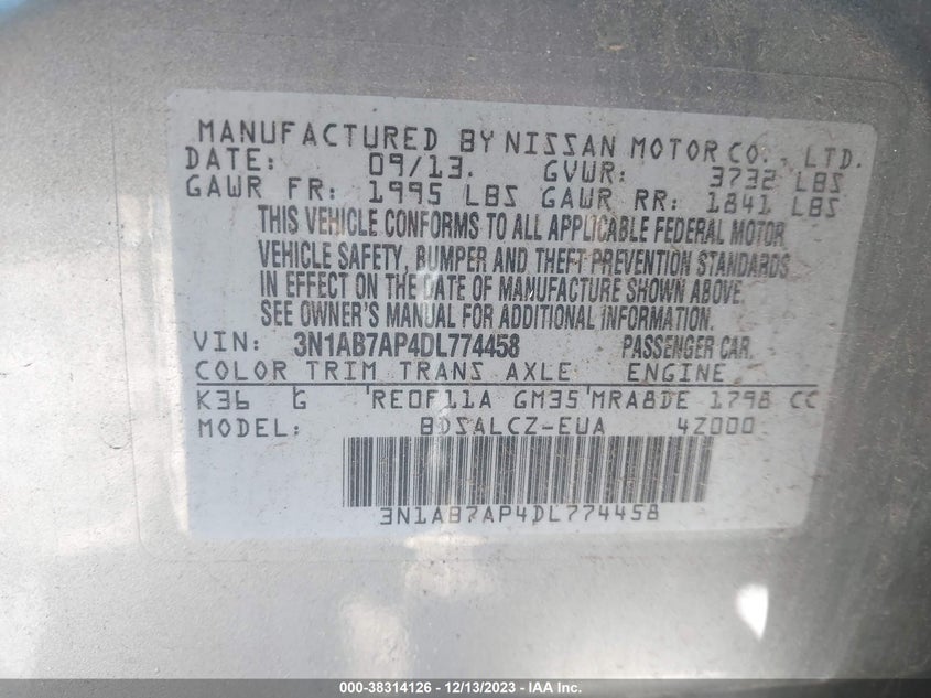 2013 Nissan Sentra S VIN: 3N1AB7AP4DL774458 Lot: 38314126