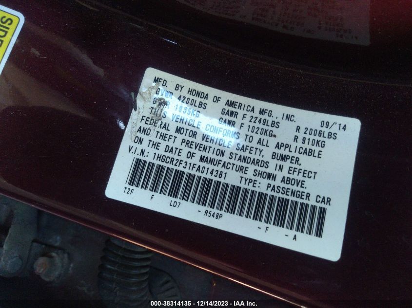 1HGCR2F31FA014381 2015 Honda Accord Lx