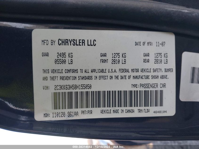 2008 Chrysler 300C VIN: 2C3KK63H58H155050 Lot: 38314553