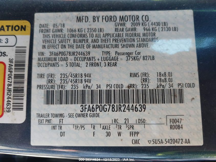 3FA6P0G78JR244639 2018 Ford Fusion S