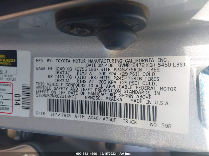 2006 Toyota Tacoma Base V6 VIN: 5TEMU52NX6Z315571 Lot: 38314906